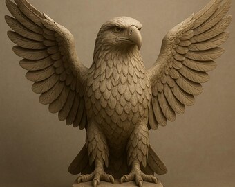 May include: A detailed sculpture of an eagle with outstretched wings. The eagle is carved from a light brown material, with intricate feather detailing. The sculpture is mounted on a rectangular base, and the background is a solid, neutral colour.