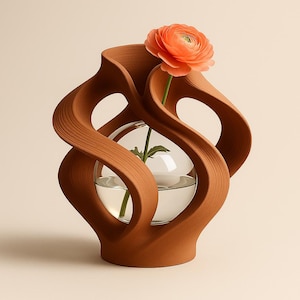 Puede incluir: Un jarrón de color terracota con un diseño único y fluido. Un globo de vidrio transparente contiene agua y un tallo verde con una sola flor naranja. El jarrón tiene una forma abierta y escultural.