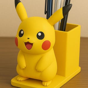 Könnte beinhalten: Ein gelber Pikachu-Schreibtisch-Organizer mit Stifthalter. Die Figur hat schwarzspitzige Ohren, rote Wangen und einen lächelnden Ausdruck. Mehrere Stifte befinden sich im gelben Stifthalter, der an der Basis befestigt ist.