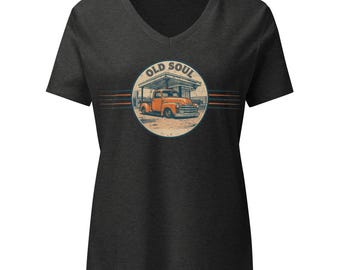 Camiseta vintage con estampado de camioneta Chevy - Camiseta de mujer de corte relajado con cuello en V