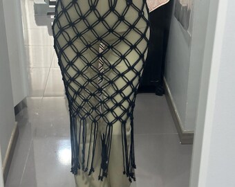 Blue Macramé Skirt with Beaded Fringe – Boho Statement Layer/Festival Wear/Unique Artisan Design