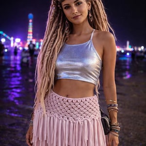handmade boho macrame pink skirt - festival and summer wear - burningman outfit