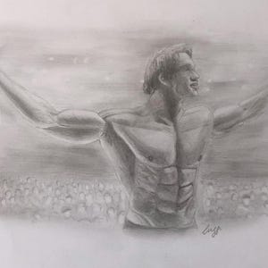 May include: A pencil sketch depicting a muscular figure with arms raised, set against a crowd and a cloudy sky. The artwork is in shades of grey, with detailed shading on the figure's physique.