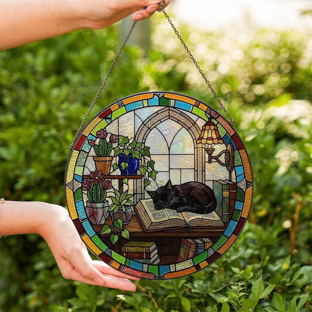 Black Cat Reading Stained Glass Suncatcher – Book Lover Gift, Cozy ...