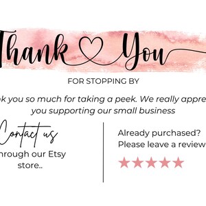 May include: A white card with the words "Thank You" in black script over a pink watercolor wash. The card includes text thanking customers for their support and encouraging reviews.