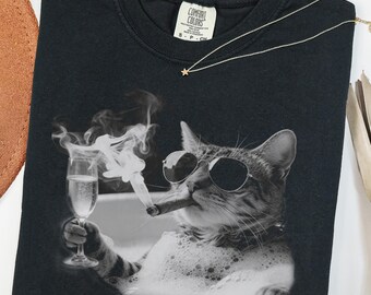 Smoking Cat Bathtub Y2k Vintage 90er Jahre Shirt, lustiges Katzen Meme Comfort Colors® T-Shirt, lustiges Katzentrink-T-Shirt