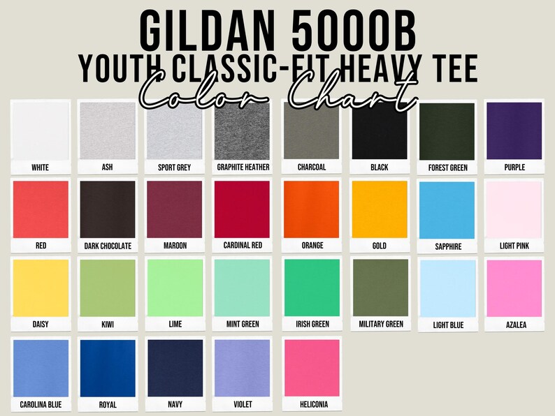 May include: Color chart for Gildan 5000B Youth Classic-Fit Heavy Tee shirts. The chart displays a variety of colors, including white, ash, sport grey, graphite heather, charcoal, black, forest green, and purple. Other colors include red, dark chocolate, maroon, cardinal red, orange, gold, sapphire, light pink, daisy, kiwi, lime, mint green, Irish green, military green, light blue, azalea, carolina blue, royal, navy, violet, and heliconia.