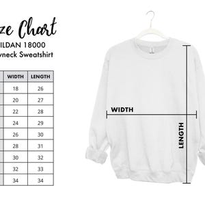 May include: A white Gildan 18000 crewneck sweatshirt hanging on a hanger. The image includes a size chart with measurements in inches for width and length, ranging from XS to 5XL.