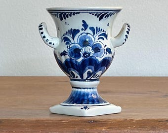Vintage Delft Blue & White Ceramic Urn Vase – 5" Hand-Painted Floral Double Handle Vase or Planter – Pedestal Base – English Country Decor