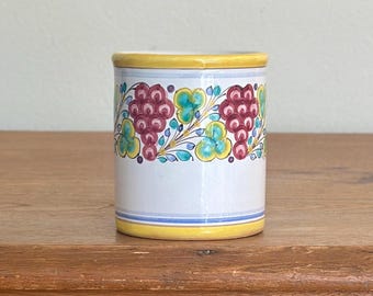 Vintage Slovak Small Pottery Crock – 3.5" Hand-Painted Grape & Floral Ceramic Vase – Collectible European Folk Art Pottery Made in Slovakia