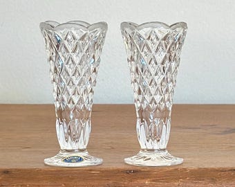 Set of 2 Vintage Bohemia Crystal Bud Vases – Czech 24% Hand Cut Lead Crystal – Matching 4.5" Petite Flower Vases – Traditional Home Decor