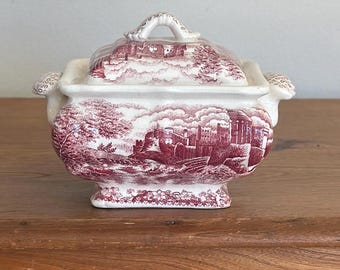 Vintage Red Transferware Tureen or Cachepot – Scenic Castle Serving Dish with Lid – Pastoral English Country Home Decor – Old-World European