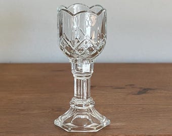 Vintage Tulip Votive Candle Holder – Pressed Glass Pedestal with Scalloped Rim Cup – Two-Piece Glass Candlestick Holder – Romantic Decor