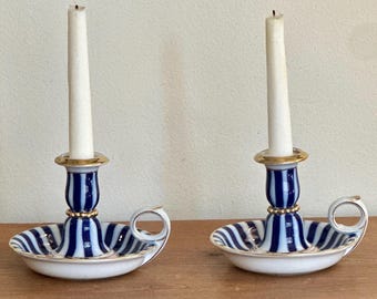 Set of 2 Vintage Limoges France Chamberstick Candle Holders – Cobalt Blue Striped Porcelain Candlesticks with Gold Trim – French Country