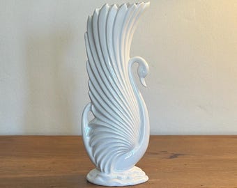 Vintage Tall White Ceramic Swan Vase – 12" Sculptural Ceramic Bird Flower Vase – Traditional Collected Home Decor – French Country Accent