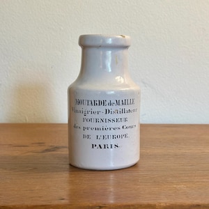 Antique French Stoneware Mustard Jar – "Moutarde de Maille" Paris Pot –  Rustic European Farmhouse Decor – 19th Century White Ceramic Bottle