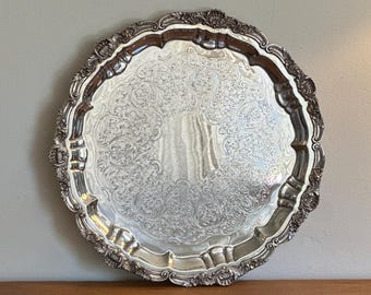 Vintage 16" Large Round Silverplate Gallery Tray – EPCA by Poole Footed Serving Tray – Ornate Shell Rim Platter – French Country Home Decor