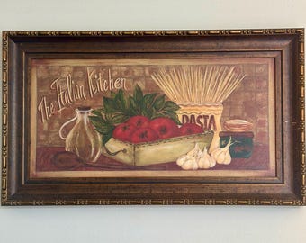 Vintage Framed Canvas Print – 'The Italian Kitchen' Still Life Food Art – Mediterranean or Rustic Farmhouse Decor
