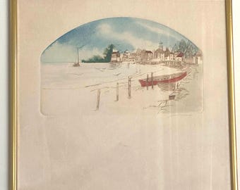 Vintage Framed Coastal Village Etching – Hand-Signed Limited Edition Nautical Art 5/100 – Bedroom/Living Room Wall Art – Metallic Gold Frame