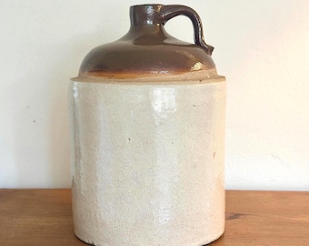 Large Antique Whiskey Jug – Vintage French Country-Style Stoneware Jug – Rustic Farmhouse Decor – Brown & Beige Two-Toned Glazed Pottery
