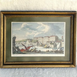 Framed Historic European Landscape Print – Vintage Hand-Colored Engraving – ‘Porto di Ripa Grande’ Italian Architecture Wall Art – Old-World