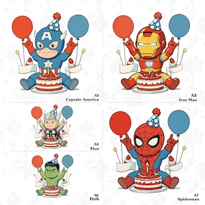 four different cartoon illustrations of children dressed as popular superheroes, each holding a birthday cake and balloons. The illustrations include Captain America, Iron Man, Thor, and Spiderman.