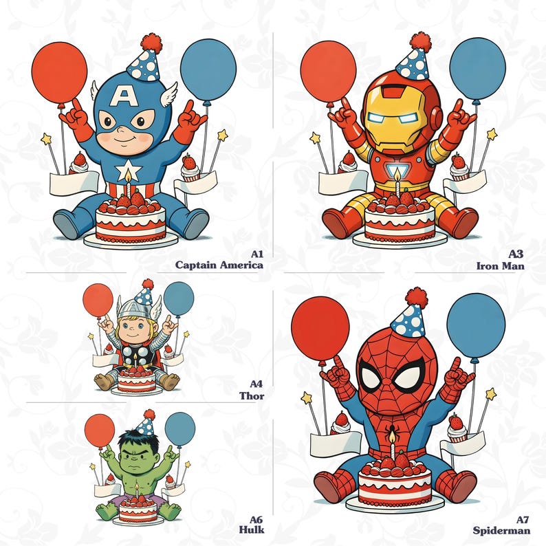 four different cartoon illustrations of children dressed as popular superheroes, each holding a birthday cake and balloons. The illustrations include Captain America, Iron Man, Thor, and Spiderman.