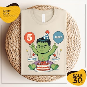 A t-shirt with a cartoon image of a young child wearing a party hat and holding a birthday cake with a lit candle, celebrating their 5th birthday.