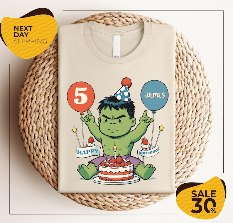 A t-shirt with a cartoon image of a young child wearing a party hat and holding a birthday cake with a lit candle, celebrating their 5th birthday.