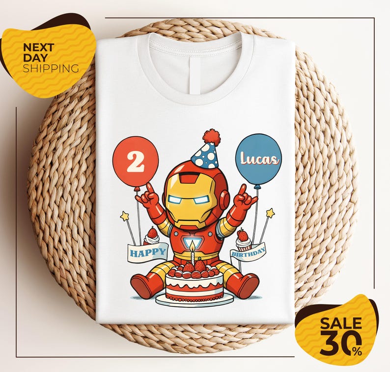 A white t-shirt with a cartoon image of a child wearing a party hat and holding balloons, celebrating a birthday.
