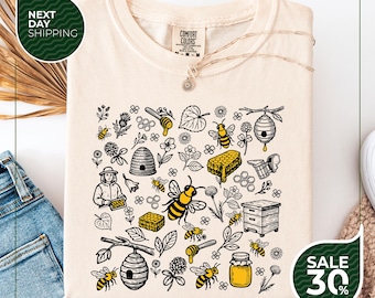 Comfort Colors® Vintage Bee Botanical T-Shirt | Honeycomb Doodle Shirt | Unique Honey Bees Shirt | Bee Lovers Tee | Comfort Colors T-Shirts