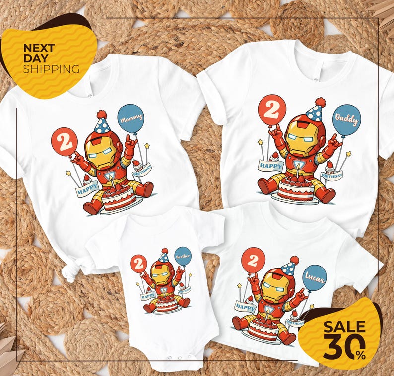 a collection of birthday t-shirts with a central design of a cartoon character wearing a party hat and holding a birthday cake.