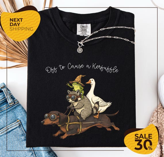 Comfort Colors® Off to Cause a Kerfuffle | Funny Dachshund-Frog Meme | Raccoon Tee | Silly Goose Comfort Colors Tee