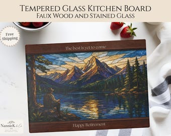 Retirement Gift, Tempered Glass Cutting Board, Gift for Fisherman, Gift for Retirement, Faux Stained Glass and Wood Kitchen Board