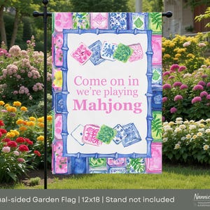 Bandera de jardín de Mahjong de 12x18 pulgadas, decoración para noche de chicas, entretenimiento al aire libre, decoración para fiestas en el patio, regalo para amantes del Mahjong. imagen 3