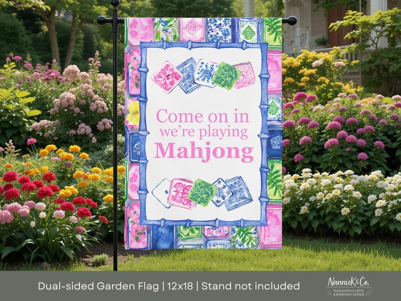 Bandera de jardín de Mahjong de 12x18 pulgadas, decoración para noche de chicas, entretenimiento al aire libre, decoración para fiestas en el patio, regalo para amantes del Mahjong. imagen 3