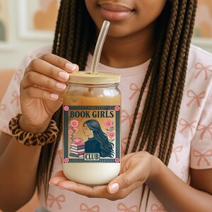Book Girls Club Sipper Glass, 16oz with Bamboo Lid and Straw - Reading Lovers Gift, Stay Hydrated in Style, Literary Themed Glassware,