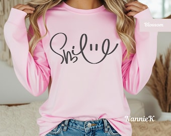Comfort Colors Long Sleeve Smile Shirt: Bold Script Smiley Face Tee, Positive Retro Graphic Top, Happy Shirt, Feel Good Gift, Teacher Gift