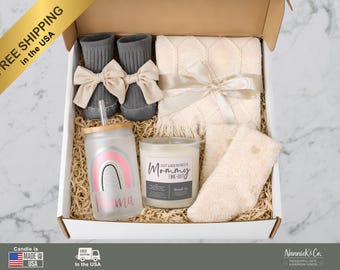 New Mom Gift Box | Postpartum Care Package for Mom | Mommy Care Package with Blanket, Socks, Candle & Cup | New Mama Gift Basket