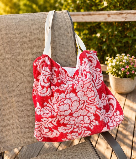Vintage Towel Upcycled Tote-Summer Beach Bag-One Of A Kind Tote