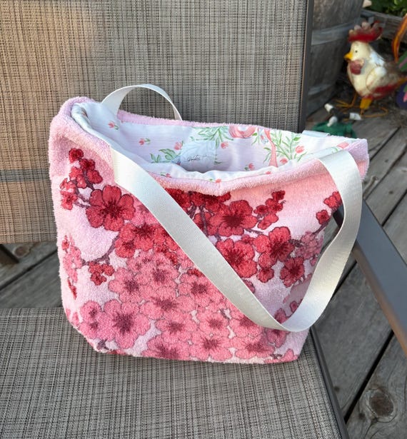 Vintage Upcycled Pink Floral Towel Tote