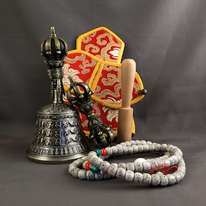 Tibetan Bronze Bell & Dorje Set: Om Mani Padme Hum Mantra, Nepal