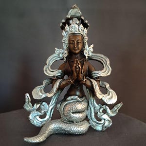 Tibetan Buddhism Hinduism Snake Goddess Naga kanya Silver Oxide Copper & Gold Plated Statue Sculpture Figure Nepal free