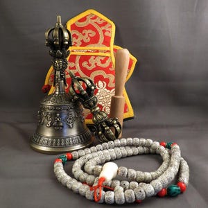Tibetan Bronze Bell & Dorje Set: Om Mantra, Lotus Beads, Wooden Stick