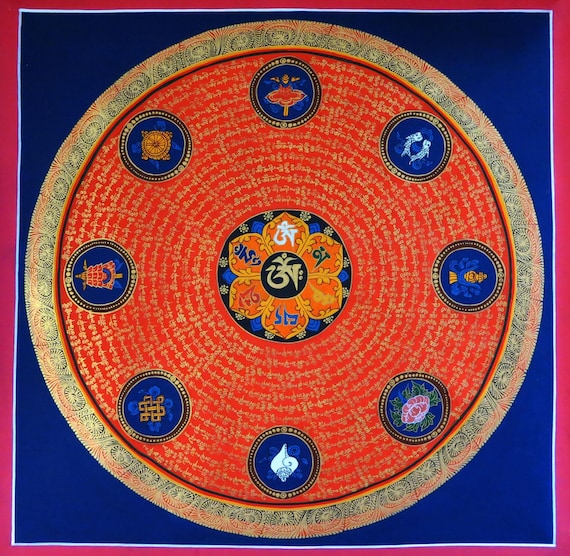 オンマニペメフム マントラ 曼荼羅 アンティーク大 ： タンカ 仏画