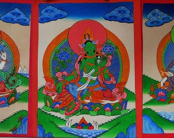 Pintura Thangka de Tara Verde: Arte en lienzo del budismo tibetano, Nepal (juego de 3)