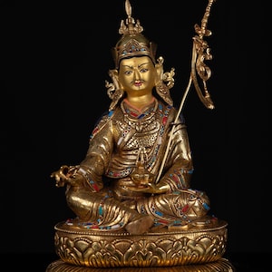 Tibetan Buddhism Gold Face Guru Rinpoche Padmasambhava Turquoise Coral Lapiz Stone Gold Plated Copper Statue Sculpture Figure free