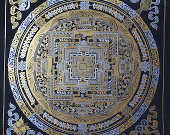 Tibetan Buddhism Ritual Kalachakra Mandala Gold Silver Color Thangka Hand Painting Art free