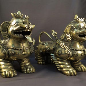 Brass Feng Shui Foo Dog Lion Statue Pair: Tibetan Buddhist Guardian