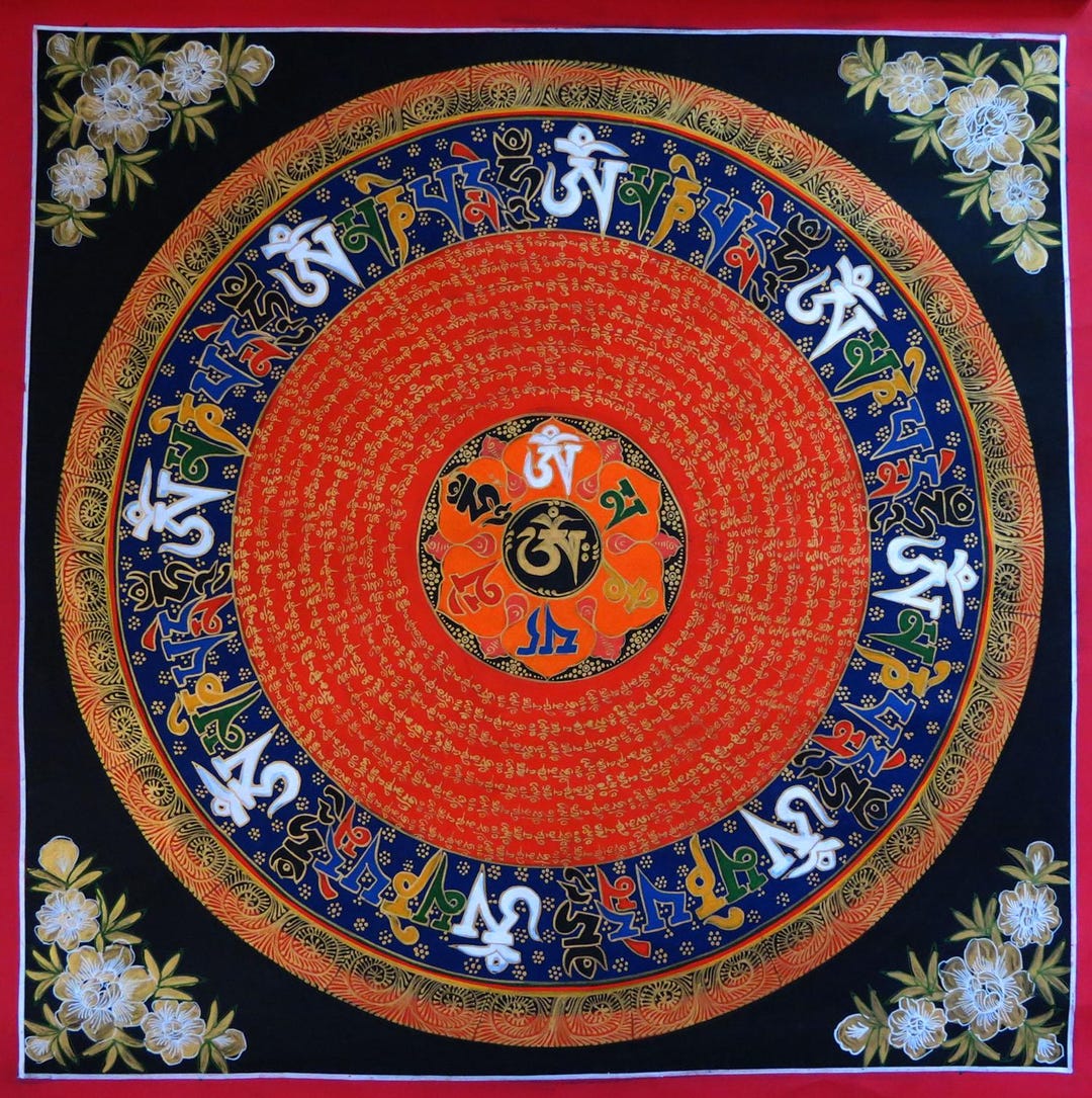 Tibetan Om Mani Padme Hum Mandala Thangka Painting, Auspicious Signs - Etsy